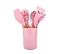 Soulnioi Wooden Handle Silicone Kitchen Utensils Set 12PCS Baking Tools Non-Stick Pan with Storage Bin Kitchen Utensils Set Pink (28067)