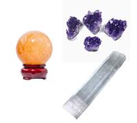 Soulnioi Yellow Crystal Citrine Quartz Sphere Ball with Wood Stand Base (5cm) Home Feng Shui Reiki Ornament, 1pc Random Raw Amethyst Cluster, 1pc Natural Selenite Crystal Stick White Quartz Wand