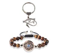 Soulnioi Yellow Tiger Stone Devil's Eye Adjustable Bracelet and Egyptian Eye of Horus Charm Keychain