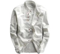 Soulona Men's Katana Japan Style Shirt, White, XL, Long Sleeve, Stand Collar, Extra Large, Cotton Linen Blend, Spring, Autumn
