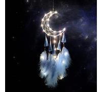 SoulQool Dream Catcher with LED Lights Handmade Feather Moon Tassel Dreamcatcher Wall Hanging Ornament Home Decor for Kids Girls Adults Bedroom Birthday Gift (Blue)