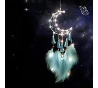 SoulQool Dream Catcher with LED Lights Handmade Feather Moon Tassel Dreamcatcher Wall Hanging Ornament Home Decor for Kids Girls Adults Bedroom Birthday Gift (Aqua Green)