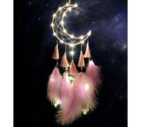 SoulQool Dream Catcher with LED Lights Handmade Feather Moon Tassel Dreamcatcher Wall Hanging Ornament Home Decor for Kids Girls Adults Bedroom Birthday Gift (Pink)