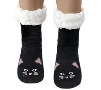SoulQool Slipper Socks Women Non Slip Fluffy Socks Fleece Cute Cat Animal Socks Thick Warm Cosy Winter Gifts for Christmas (Black Cat)