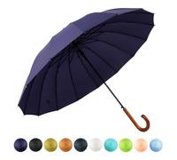SoulRain 16 Ribs 48" Stick Umbrella Auto Open Solid Color Fashionable and Simple，Arc Classic Wood Handle，Windproof Unbreakable Stick Rain Umbrella (Navy Blue)