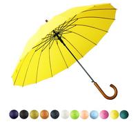 SoulRain 16 Ribs 48" Stick Umbrella Auto Open Solid Color Fashionable and Simple，Arc Classic Wood Handle，Windproof Unbreakable Stick Rain Umbrella (Yellow)