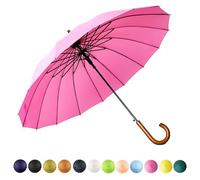 SoulRain 16 Ribs 48" Stick Umbrella Auto Open Solid Color Fashionable and Simple，Arc Classic Wood Handle，Windproof Unbreakable Stick Rain Umbrella (Cool Pink)
