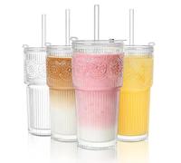 SoulTimes 20oz / 590ml Ribbed & Floral Glass Tumbler Set of 4 - Reusable Glass Cups with Lid and Glass Straw, Iced Coffee Cups for Water, Smoothie, Milk & More - Perfect for Daily Use & Travel