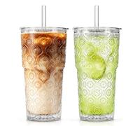 SoulTimes 600 ml Begonia Glass Tumbler with Lids and Straws-2 Pcs Iced Coffee Glass Cups for Smoothie, Matcha, Juice, Water etc. Leakproof and Dishwasher Safe Glassware Drinking for Travel to Go
