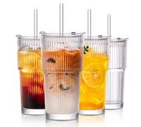 SoulTimes 600ml Glass Cups with Lids and Straws, Ribbed Glass Tumbler for Iced Coffee, Smoothie, Juice & Cold Drinks, Reusable Thick Glassware Set, Elegant Home & Travel Drinkware【4 Pack】