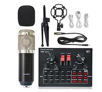 Sound Card Kit BM 800 Condenser Microphone Sound Card V8XPRO Tripod Professional Studio Wireless Karaoke Bluetooth For PC Computer Phone MIC Studio Setup For Recording Music (Color : Silver BM800 V8X