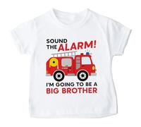 Sound the Alarm Big Brother T-Shirt - Fire Truck Pregnancy Reveal Tee for Boys - 100% Cotton - Sizes 3 Months to 13 Years - Kid-Safe Water-Based Print - Made in Yorkshire