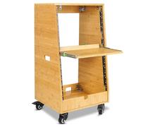Sound Town DIY Solid Carbonized Bamboo Slanted 16U Studio Rack (8U Top + 8U Lower), with 2U Bottom Storage, Slide-Out Tray, Caster, For Recording Room, Home Studio (STBR-ST16T)