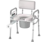 SOUNDFUSE Bedside Commode Chair with Padded Seat and Backrest, Aluminum Dual-Crossbar, Height Adjustable, Portable Toilet for Seniors and Adults, Potty Bucket and Splash Guard, 350 lbs Weight Capacity