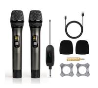 Soundgeek Wireless Microphone UHF Metal Dual Handheld Mic with Rechargeable Receiver 200ft Range, Microphone for Singing, Karaoke, Church, Speech, Wedding, Party Singing(2 Mics, Gray & Gray)