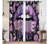 Soundproof Curtain Machine Washable In Cold Water Design Lips Heart Butterfly Blackout Thermal Insulated Curtains for Living Room, Purple, W 80" x L 84", 2 Panels