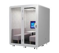 Soundproof Office Booth Pod with Mobile Roller, LED Lights, Fans & USB Ports - Spacious Design for 2-4 People - Ideal for Office, Outdoor & Library Use, 71 x 71 inches