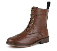 SoundSky Women Brogue Lace Up Combat Boots Wingtip Ankle Boots | Gold-Tone Eyelets, Wingtip Detail, Block Heel, Side Zip Closure, Pull Tab