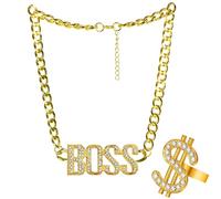 SoundZero Pack of 2 Hip Hop Rapper Accessories, Dollar Sign Necklace Set, Gold Chains Men's Carnival, Hip Hop Costume Gold Chain, Adjustable Length, Dollar Ring, for Unisex, Carnival, Party (Gold),