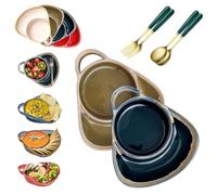 Soup and Sandwich Plate Combo, Ceramic Soup and Sandwich Bowl with Handle, Heat-Resistant Fan Shape Split Cereal Bowl, Easy to Clean for Breakfast, Snack, Salad, Dessert, Beige (2pcs-D)