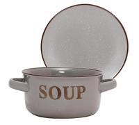 Soup Bowl & Bread Plate Crockery Set Dishwasher Safe Stoneware Dinner Set Rustic Style Plates & Soup Bowls with Handles and Embossed Text Design with Speckled Finish (Grey)