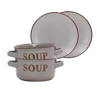 Soup Bowl & Bread Plate Crockery Set for 2 Dishwasher Safe Stoneware Dinner Set Rustic Style Plates & Soup Bowls with Handles and Embossed Text Design with Speckled Finish (Grey)