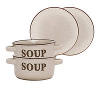 Soup Bowl & Bread Plate Crockery Set for 2 Dishwasher Safe Stoneware Dinner Set Rustic Style Plates & Soup Bowls with Handles and Embossed Text Design with Speckled Finish (Beige)