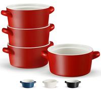 Soup Bowls with Handles, Ceramic Oven Safe Bowls, Kook Individual Soup Crocks, Stackable Dish, Broil, Oven, Microwave and Dishwasher Safe, for Casserole, Pasta, Cereal, 23.6 Oz, Set of 4 (Red)