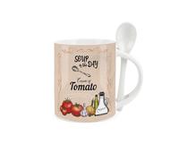Soup Mug and Spoon Set - Cream of Tomato Soup of The Day - Ceramic White & Orange Soup Mug with Spoon in Handle