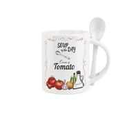Soup Mug and Spoon Set - Cream of Tomato Soup of The Day - Ceramic White Soup Mug with Spoon in Handle