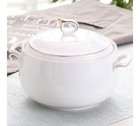 Soup Serving Tureen With Lid, Ceramic Round Soup Tureen With Gold Border, White Porcelain Soup Bowl For Restaurant Home Kitchen Decoration, Oven And Dishwasher Safe(Gold,3L)