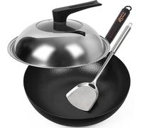 Souped Up Recipes 13.4 Inch Carbon Steel Wok for Electric, Induction and Gas Stoves (Lid, Spatula and User Guide Video Included)
