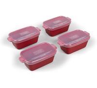 Souper Cubes Ceramic Dishes - 5" x 3" Small Oven Dishes with Silicone Lids, Premium Stoneware Perfect for Reheating Individual Portions in the Oven, Microwave, or Air Fryer, Set of 4 - Cranberry