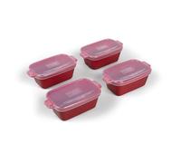 Souper Cubes Stoneware - 5" Square Casserole Dish with Silicone Covers - Ceramic Bakeware Set - Kitchen Utensils and Bakeware - 4 Pack - Cranberry