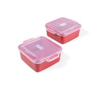 Souper Cubes Stoneware - 5" x 5" Small Ceramic Baking Dishes with Silicone Covers Set - Small Casserole Dishes for Oven - Set of 2 - Cranberry