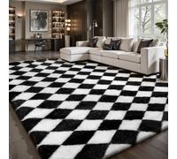 Sour Lemon Checkered Rug Living Room, 120x160cm Black and White Area Rugs for Bedroom, Non Slip Super Soft Fluffy Shaggy Rug, Extra Large Lounge Rugs for Kids Baby Room, Thick Pile, Non-Shedding