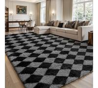 Sour Lemon Checkered Rug Living Room, 140x200cm Black and Grey Area Rugs for Bedroom, Non Slip Super Soft Fluffy Shaggy Rug, Extra Large Lounge Rugs for Kids Baby Room, Thick Pile, Non-Shedding