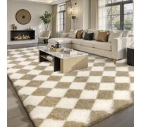Sour Lemon Checkered Rug Living Room, 160x230cm Beige and White Area Rugs for Bedroom, Non Slip Super Soft Fluffy Shaggy Rug, Extra Large Lounge Rugs for Kids Baby Room, Thick Pile, Non-Shedding
