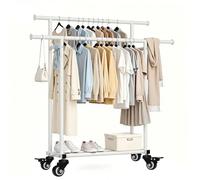 Sour Lemon Double Rod Clothes Rail, Free Standing Heavy Duty Clothes Rack with 4 Lockable Wheels & Storage Shelf, Metal Clothing Rail for Bedroom, Laundry, Living Room - 162H x 113W x 41D cm