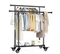 Sour Lemon Double Rod Clothes Rail, Free Standing Heavy Duty Clothes Rack with 4 Lockable Wheels & Storage Shelf, Metal Clothing Rail for Bedroom, Laundry, Living Room - 162H x 113W x 41D cm