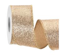 sourcing map 1.6 Inch/4cm Glitter Wired Ribbon, Light Gold Sparkly Iridescent Ribbon 5 Yard for Christmas Tree Wreath Decoration Gift Wrapping, with Metallic Edge