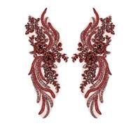 sourcing map 1 Pair Handmade Rhinestone Applique Patch, 14" x 5" Beaded Embroidery Sequin Patches for Sew on Wedding Dress Cloth DIY Crafts Decoration, Dark Red