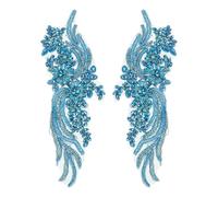 sourcing map 1 Pair Handmade Rhinestone Applique Patch, 14" x 5" Beaded Embroidery Sequin Patches for Sew on Wedding Dress Cloth DIY Crafts Decoration, Lake Blue