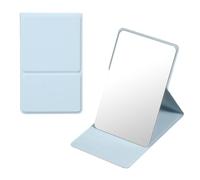 sourcing map 1 Pcs Pocket Compact Folding Mirror, 11 x 7cm Stainless Steel Portable Handheld Makeup Mirrors with Leather Case for Women, Girls, Purse, Gift, Travel(Light Blue)
