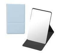 sourcing map 1 Pcs Pocket Compact Folding Mirror, 9 x 5.6cm Stainless Steel Portable Handheld Makeup Mirrors with Leather Case for Women, Girls, Purse, Gift, Travel(Light Blue)