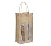 sourcing map 1 Pcs Wine Tote Bag, Reusable Burlap Wine Gift Bags with 2 Clear Windows and Cotton Handles for 2 Wine Bottles Wedding Gifts Beach Holiday Party Home Storage