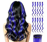 sourcing map 10 Pcs Colored Clip in Hair Extensions, 55 cm Curly Hair Wavy Extensions for Women Girls Highlights Synthetic Wig for Party Cosplay Daily Hair Styling, Blue
