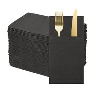 sourcing map 100 Pcs Disposable Linen Feel Napkins with Built-in Flatware Pockets, Paper Dinner Napkins for Knife and Forks, Hand Towels for Wedding Party Black