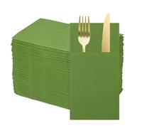 sourcing map 100 Pcs Disposable Linen Feel Napkins with Built-in Flatware Pockets, Paper Dinner Napkins for Knife and Forks, Hand Towels for Wedding Party Olive Green