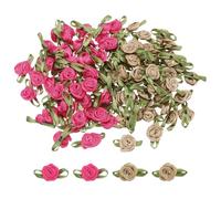 sourcing map 100 Pcs Rose Red/khaki Ribbon Roses 5/8" x1-3/16 Mini Roses for Sewing Appliques Crafts Little Satin Bows Roses Artificial Flowers